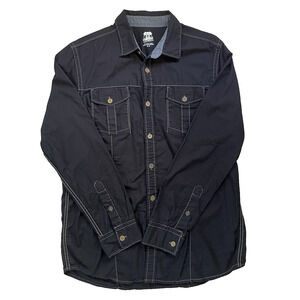 Y2K Black Button Up Shirt Jacket Denim Grunge M Contrast Stitch Streetwear Indie